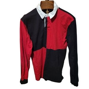 Vintage Champs Sports Red Black Color Block Long Sleeve Rugby Polo Shirt Medium